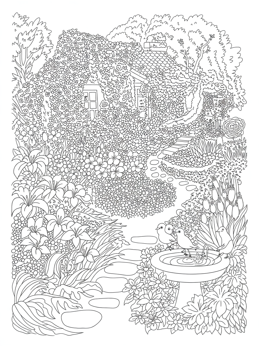 Cottage garden with lillies - Free Coloring Page