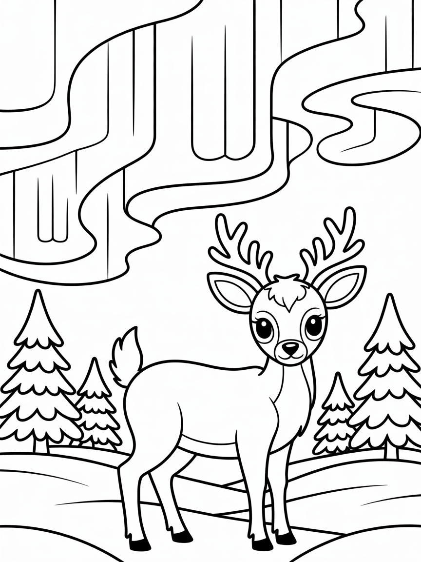Deer northern lights - Free Coloring Page