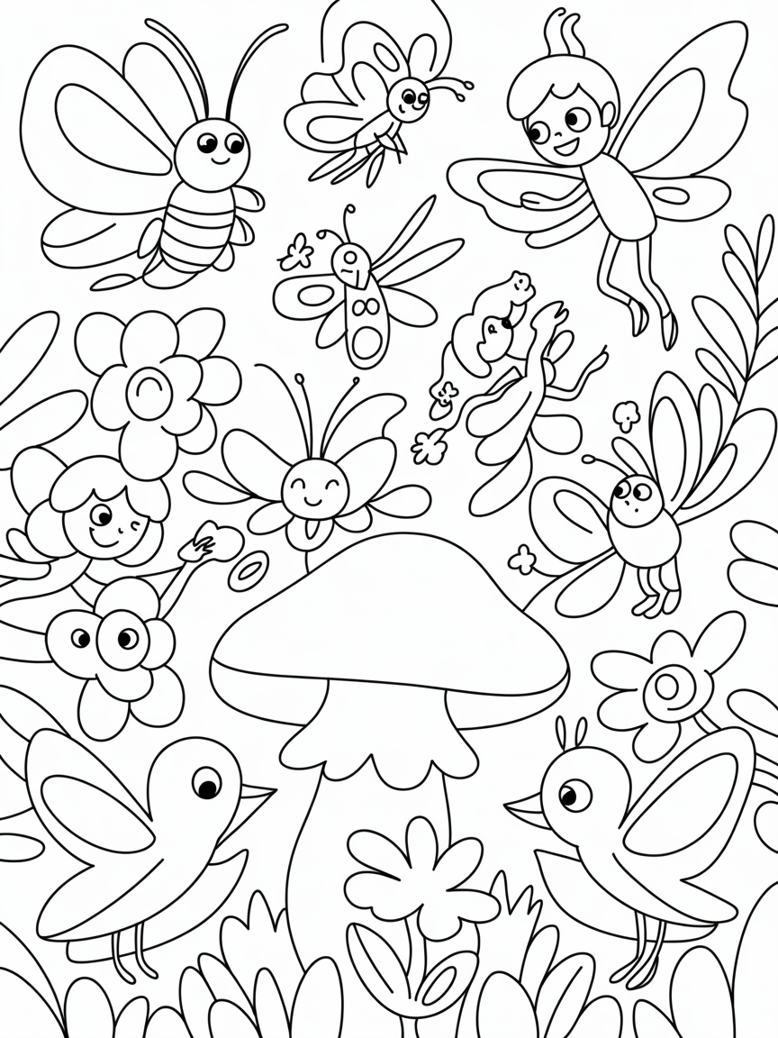 insects fairies birds trees flowers - Free Coloring Page