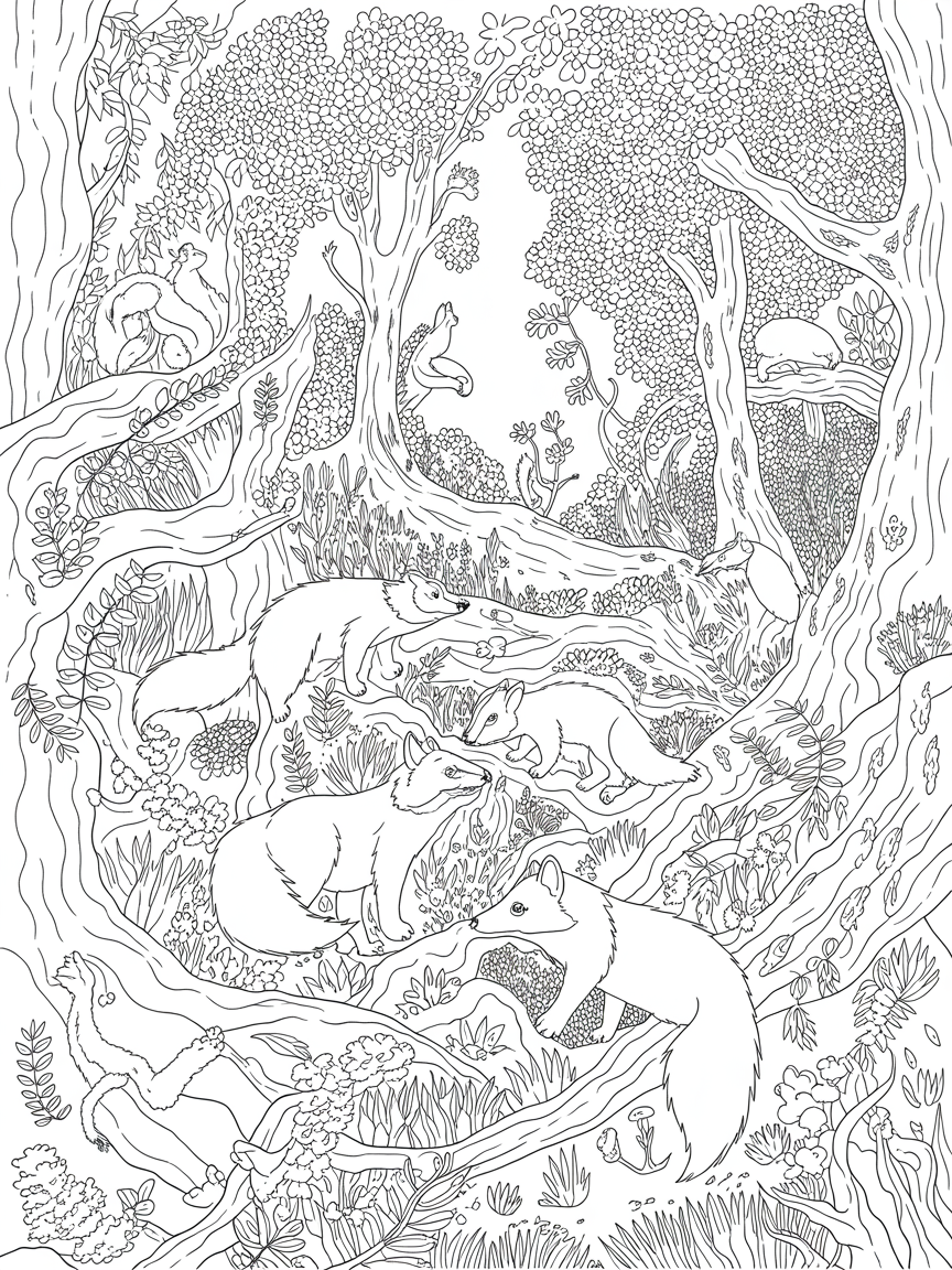 Magical forest with foxes badgers and squirrels - Free Coloring Page