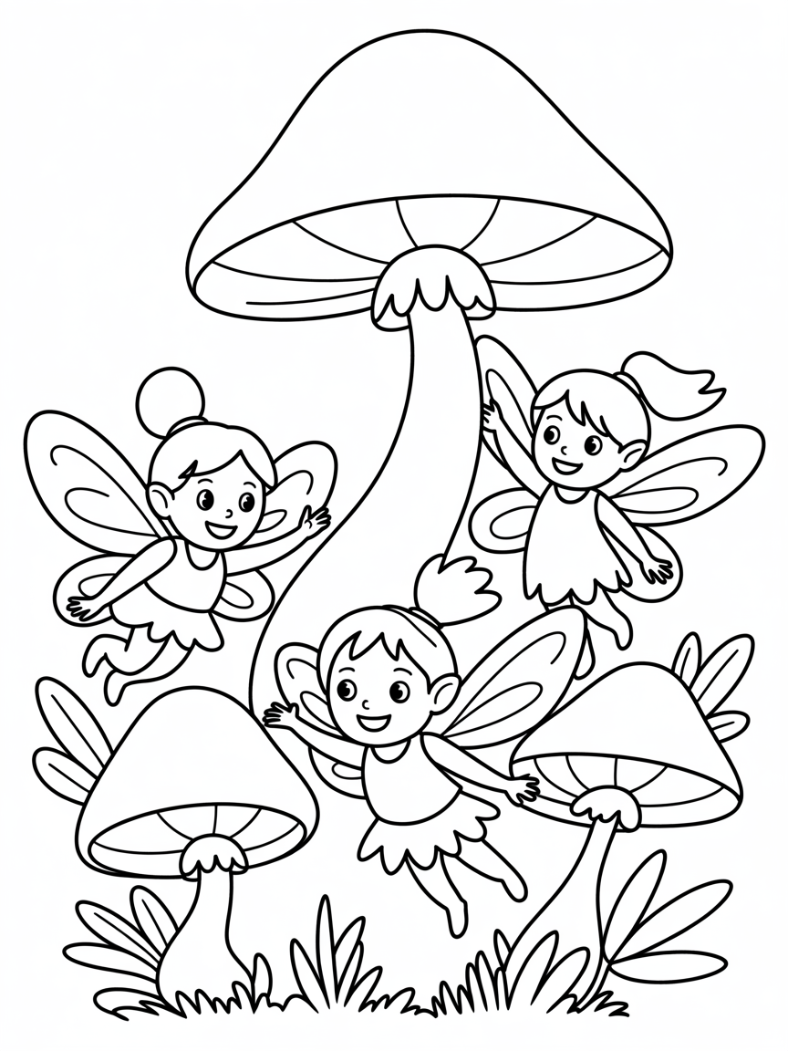 Woodland scene with toadstools and fairies - Free Coloring Page