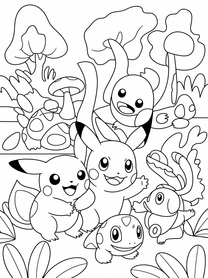 Pokemon in fantasy forest - Free Coloring Page