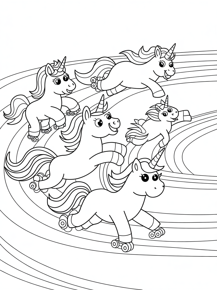 Unicorns racing on rainbow roller skates - Free Coloring Page