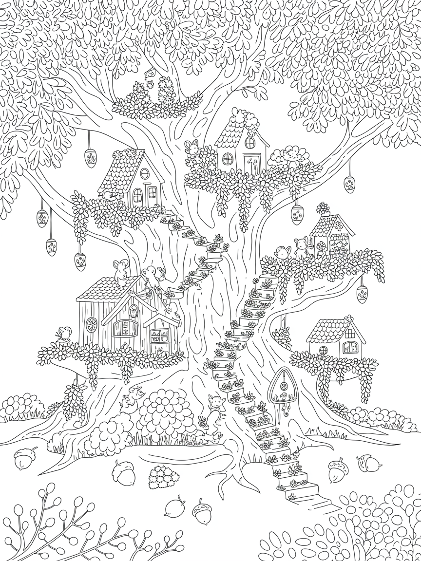 Woodland critters, including mice, living in a town built on a tree - Free Coloring Page