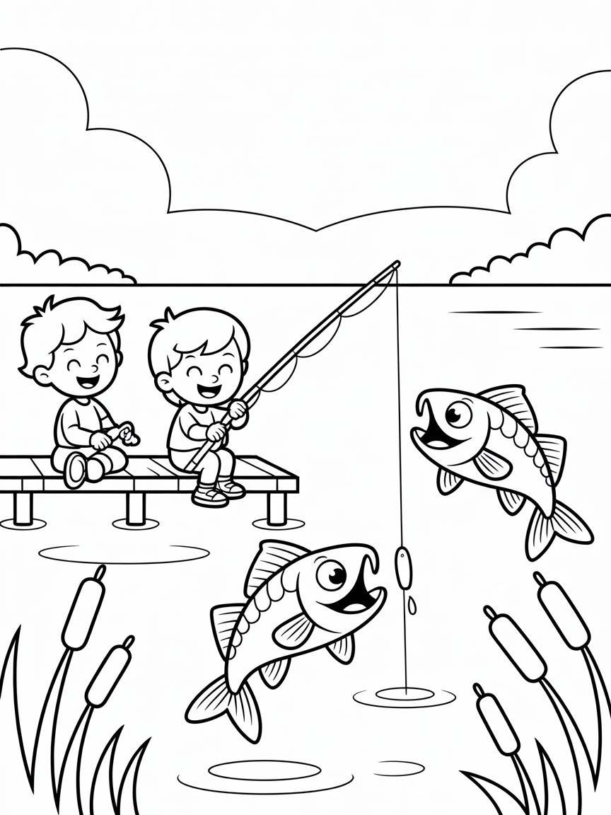 Fishing by the lake - Free Coloring Page