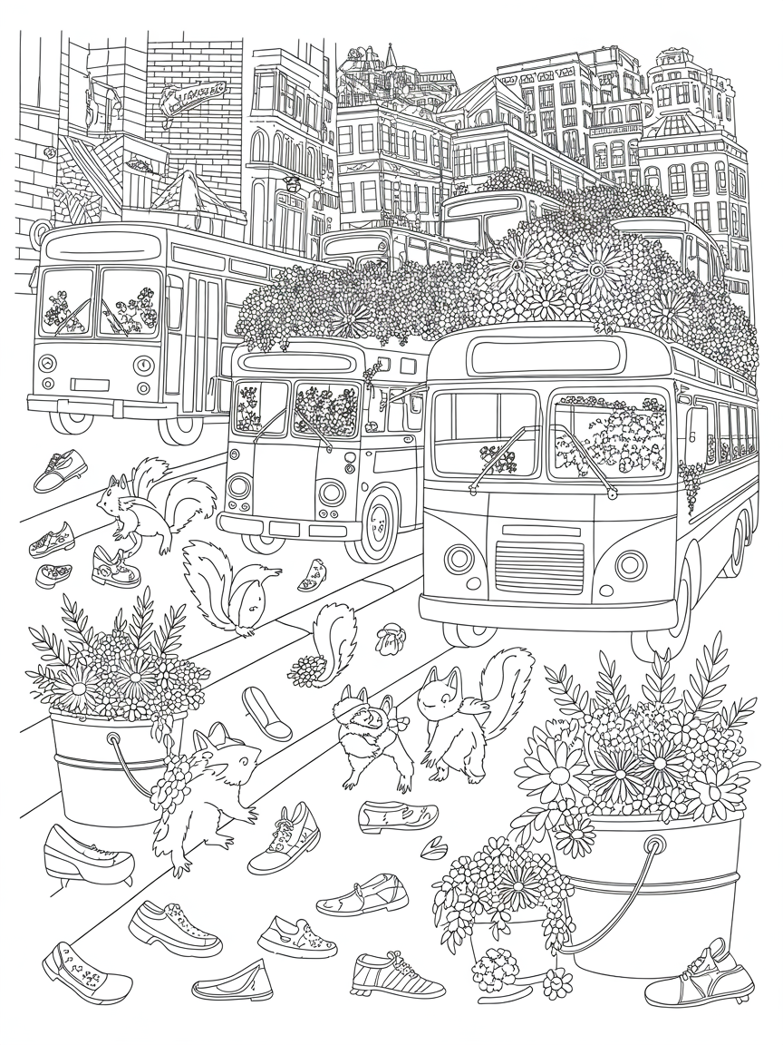 Buses, squirrels, shoes, and buckets - Free Coloring Page