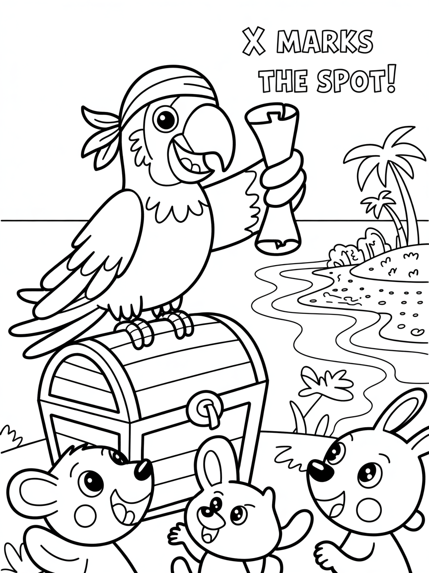 Pirate parrot hosting a treasure hunt - Free Coloring Page