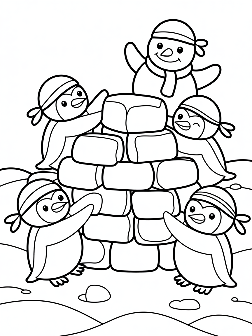 Pirate penguins building a snow fort - Free Coloring Page