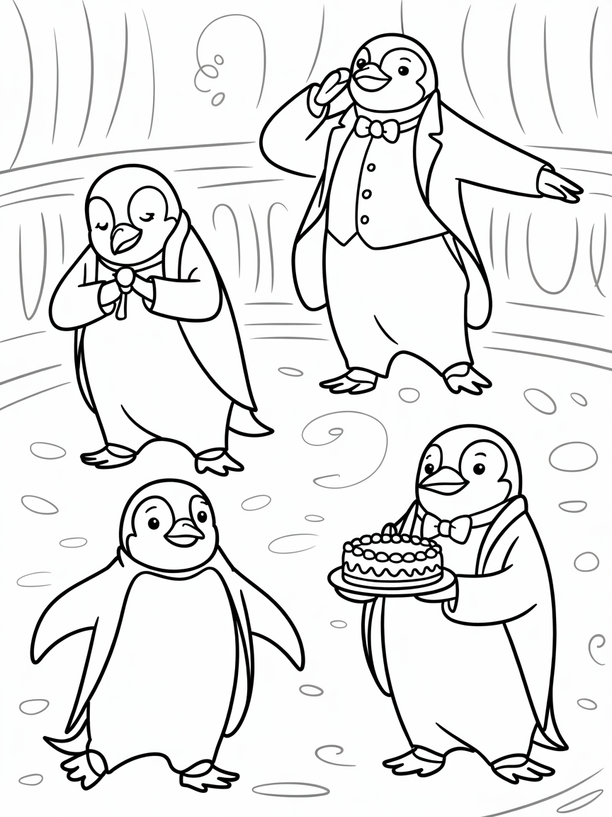 Poirot penguins at a ball - Free Coloring Page