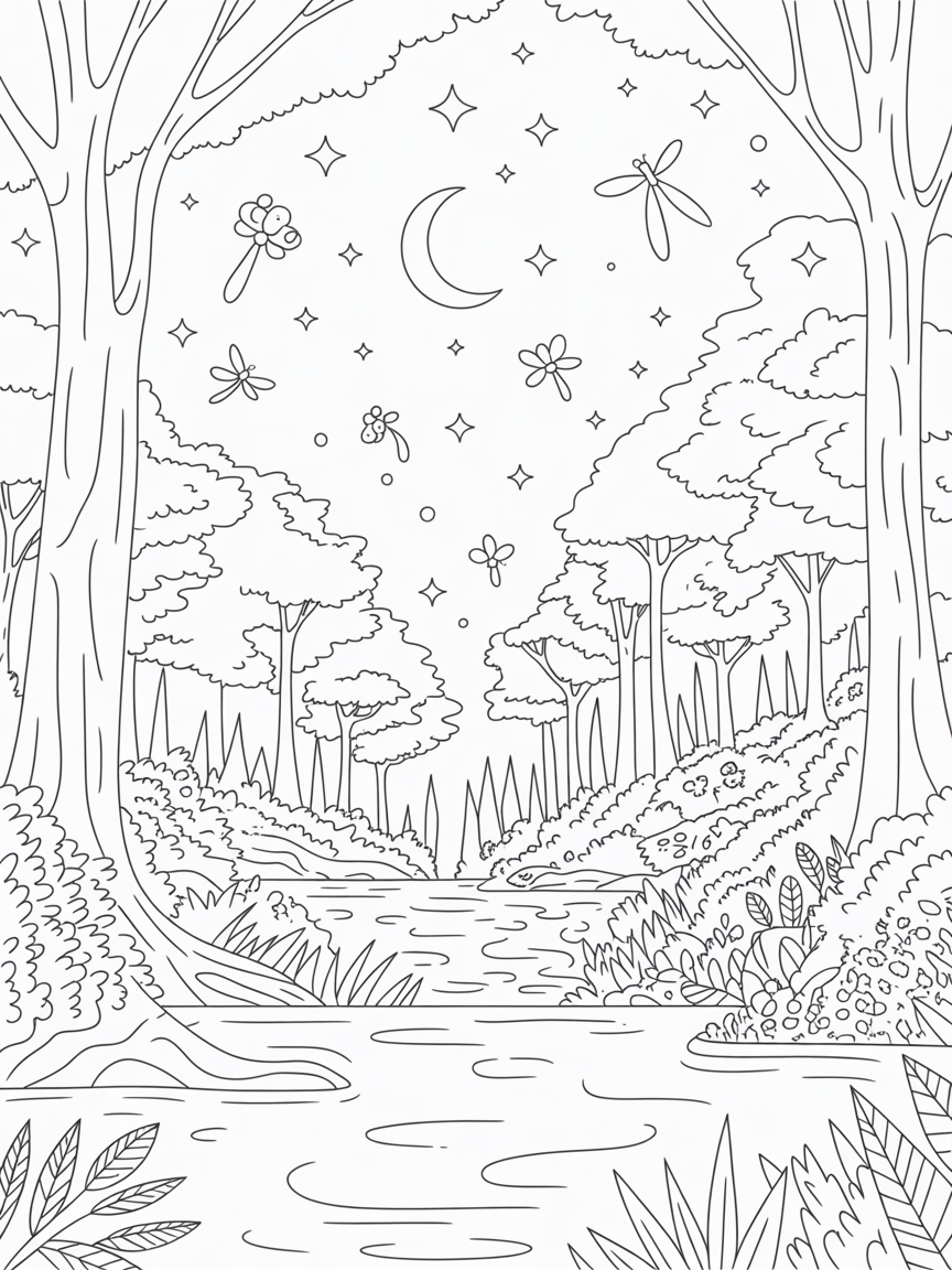 A night sky in a a forest near a river bank a magical drawing - Free Coloring Page
