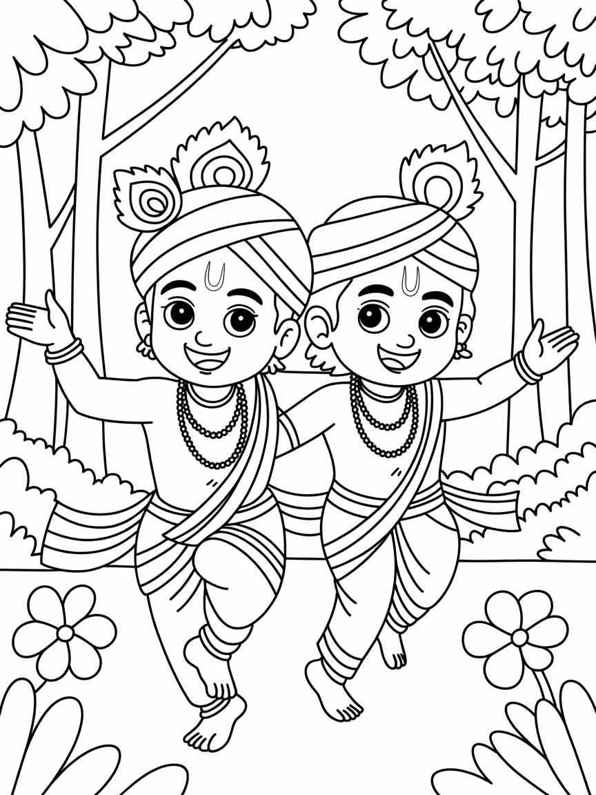 Krishna and Balaram sweet smiling faces with almond shape eyes, cute cheekbones, wearing turbans, dhotis, chaddars and jewerlies. The are in a dancing pose with a forest background with flowers. - Free Coloring Page