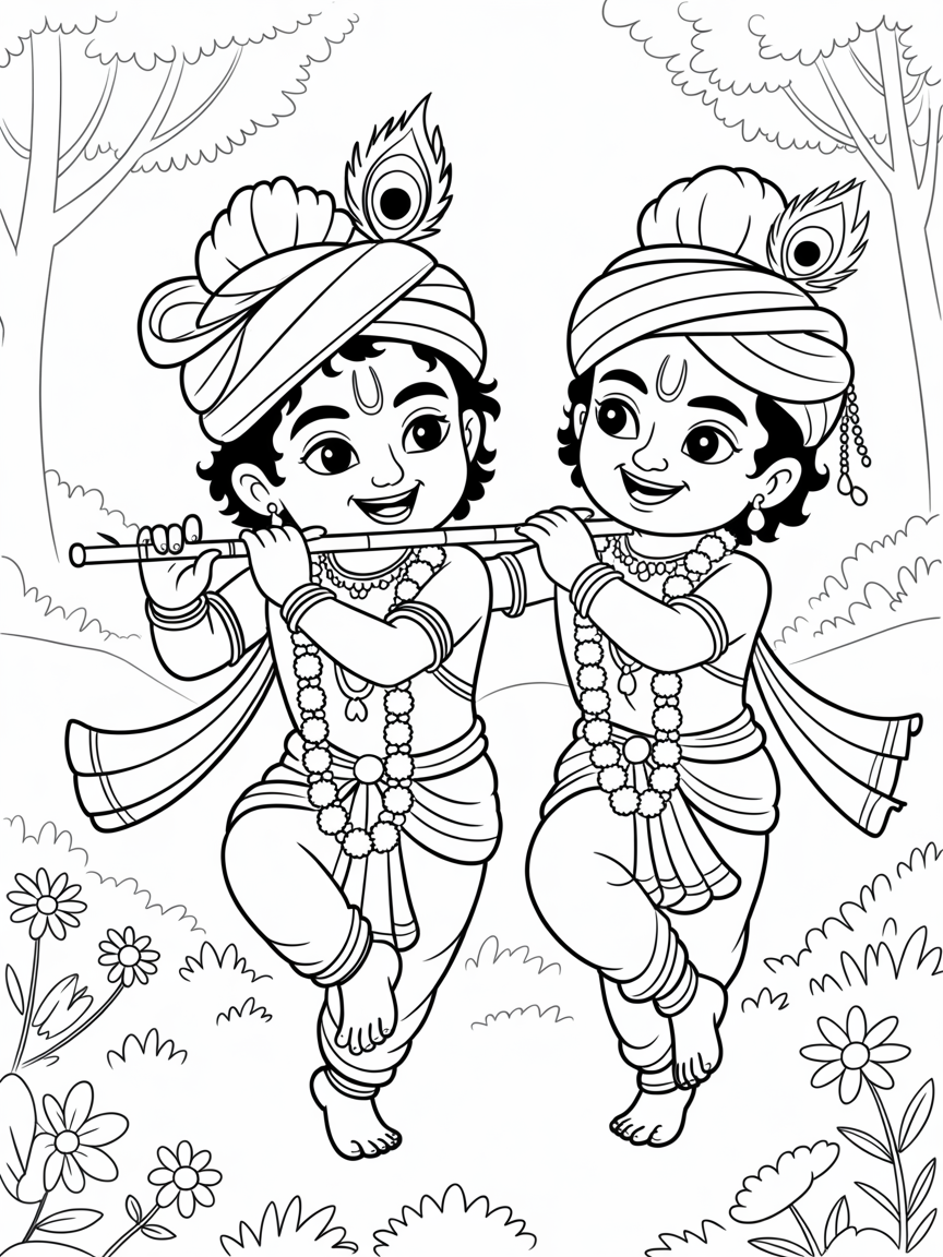 Krishna and Balaram sweet smiling faces with almond shape eyes, cute round cheekbones, wearing turbans, dhotis, chaddars and jewerlies. Krishna wears a peacock feather and holds a bamboo flute. Balaram wears a white bird feather on His turban. The are in a dancing pose with a forest background with flowers. - Free Coloring Page