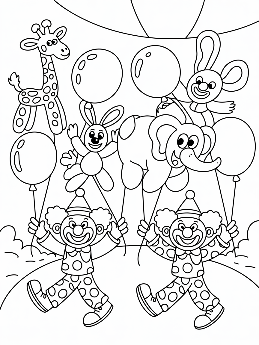 Balloon animal parade with circus clowns - Free Coloring Page