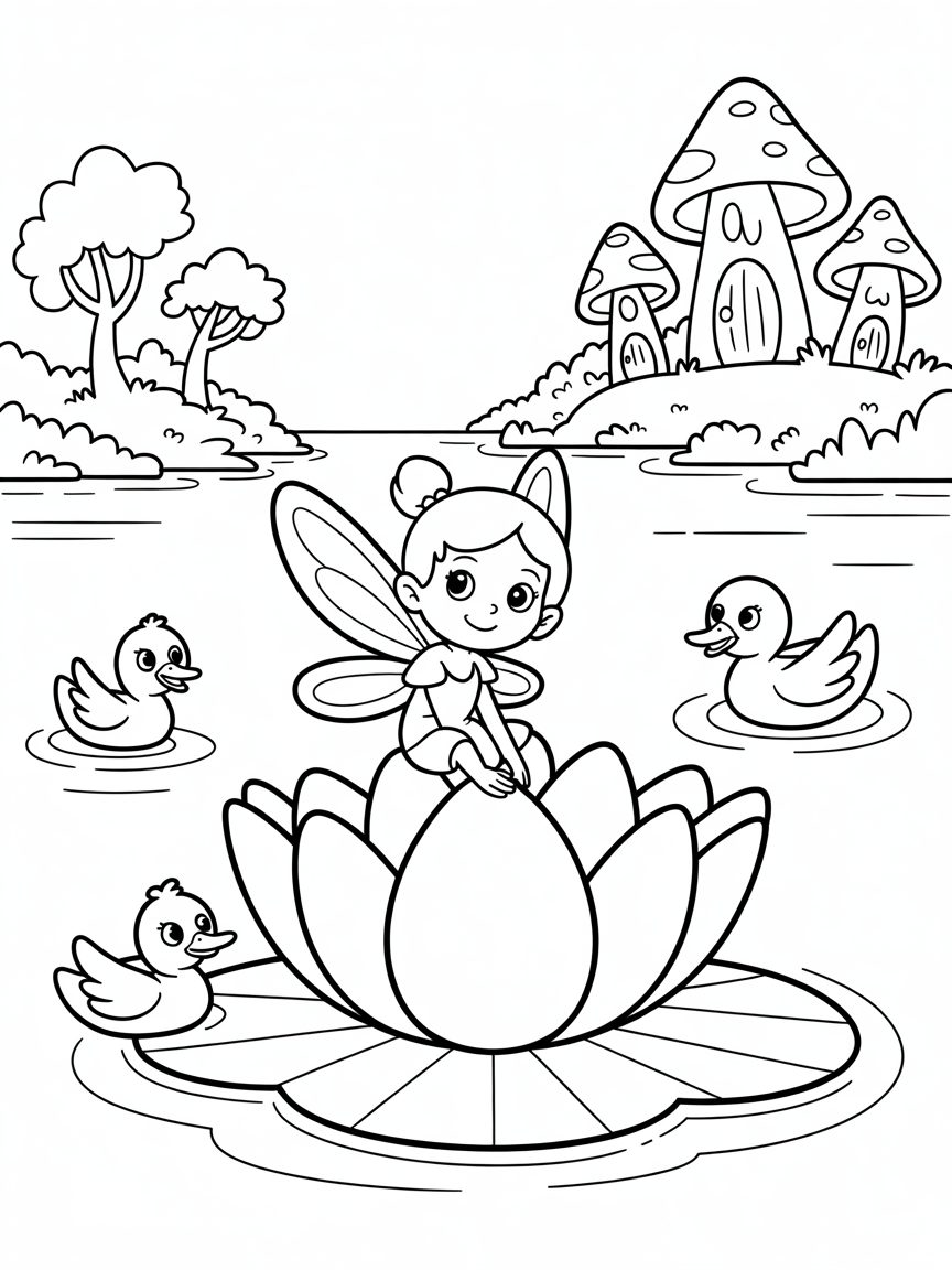 A fairy on a lotus flower on a lake with ducks and a background with trees and toadstool fairy houses in an anime type style - Free Coloring Page