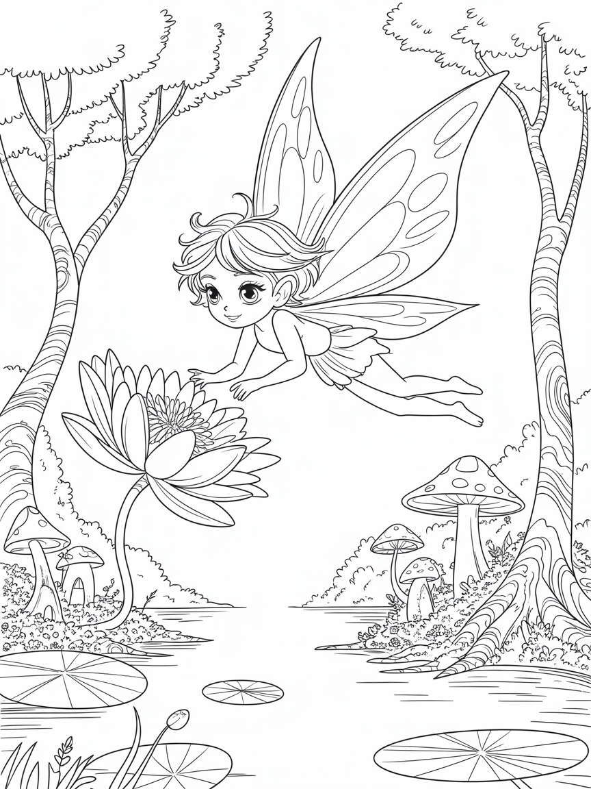 A fairy flying towards a flower on the edge of a lake and a background with trees and toadstool fairy houses in an anime type style - Free Coloring Page