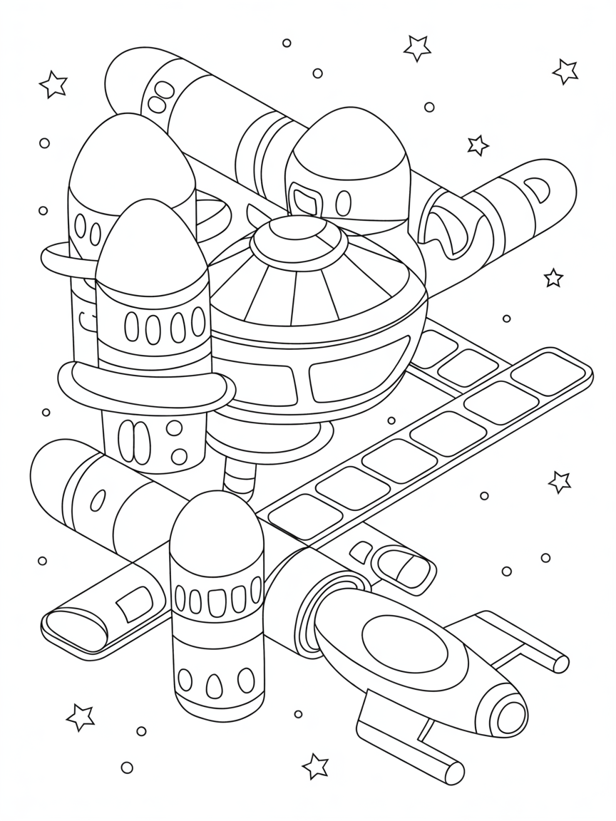 Isometric space station for humans and aliens - Free Coloring Page
