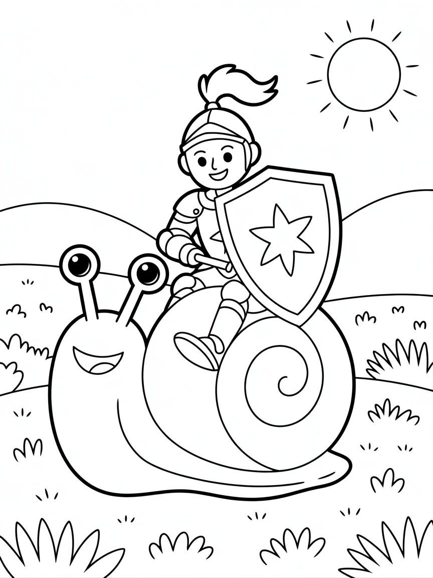 Knight riding a giant snail - Free Coloring Page