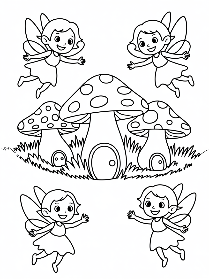 Fairies and toadstool homes - Free Coloring Page