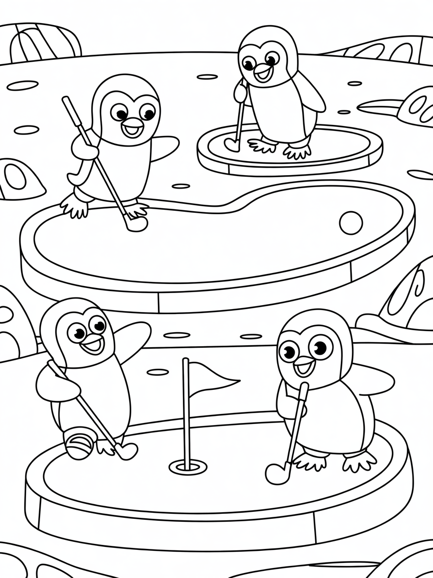 Space penguins playing mini-golf - Free Coloring Page