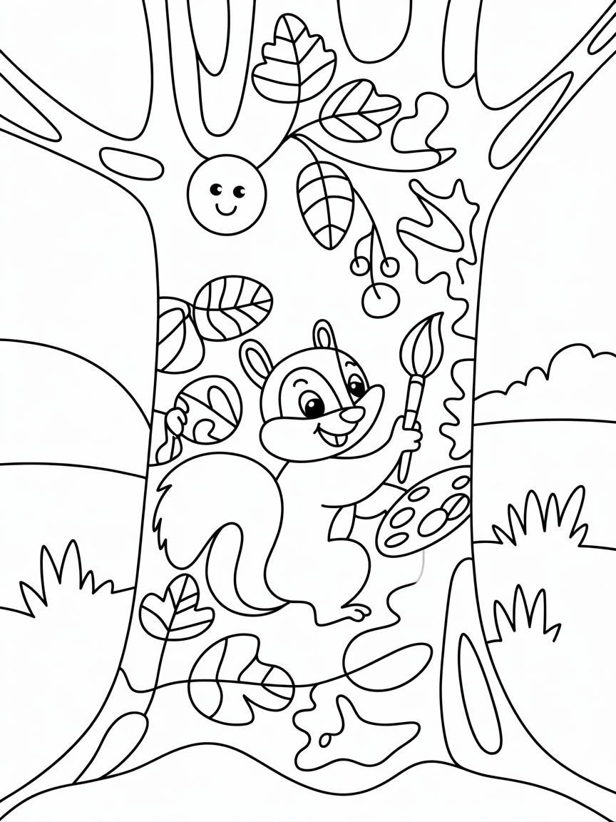 A squirrel painting a forest mural - Free Coloring Page