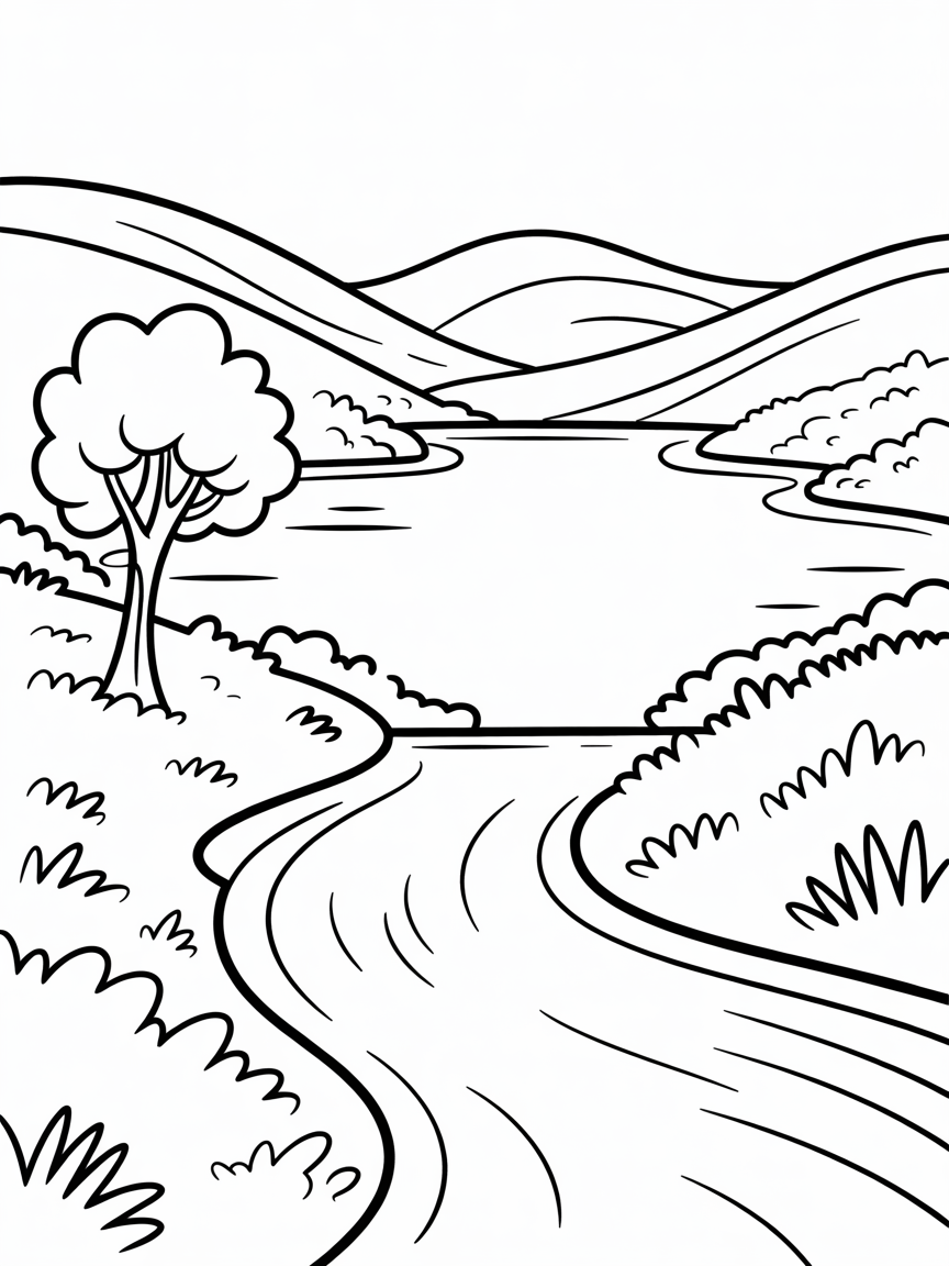 Ireland beautiful landscape and lake, tree, stream, hill - Free Coloring Page