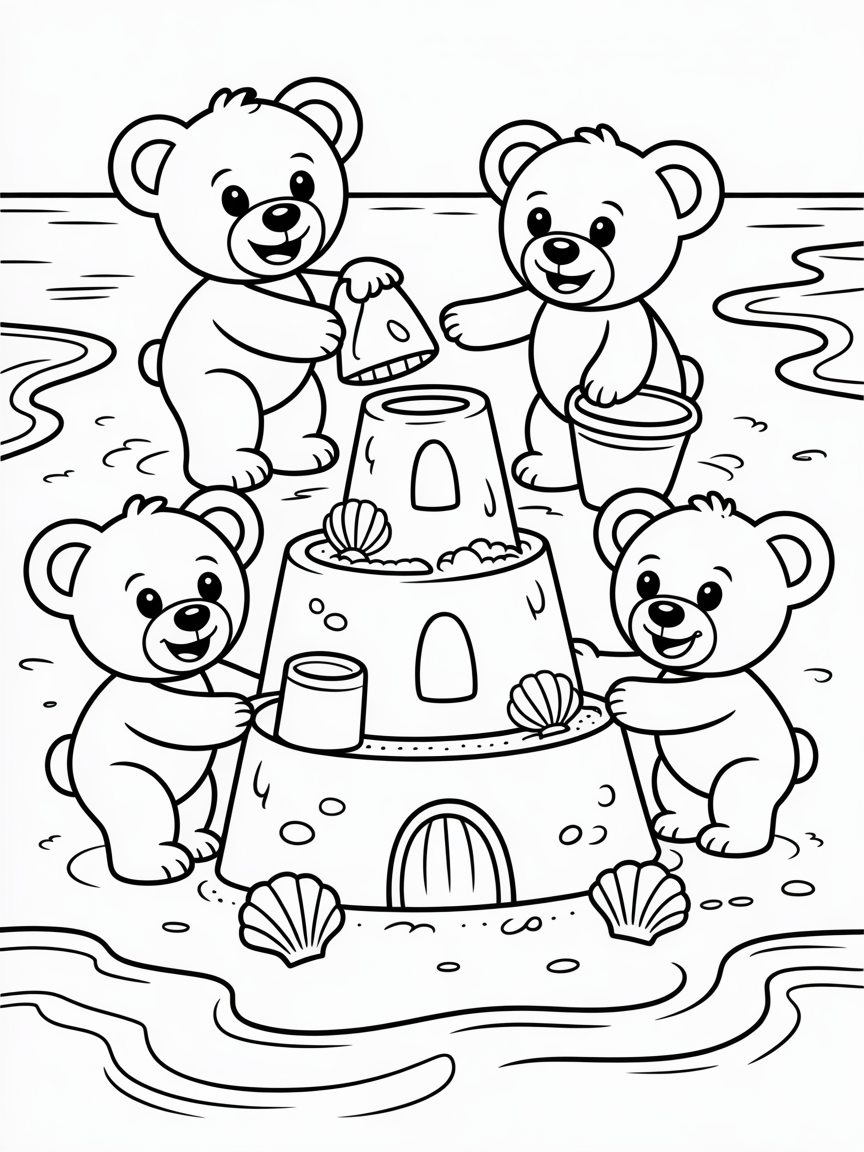 Teddy bears building a sandcastle - Free Coloring Page