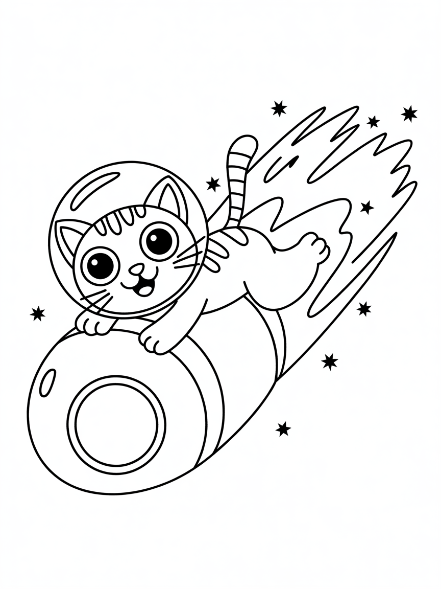 Space cat riding a comet - Free Coloring Page