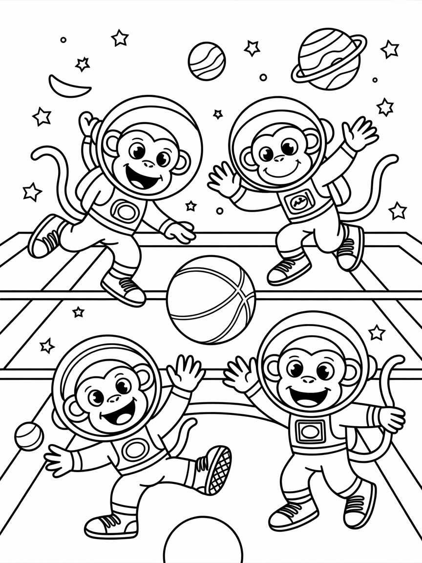 Space monkeys playing basketball - Free Coloring Page