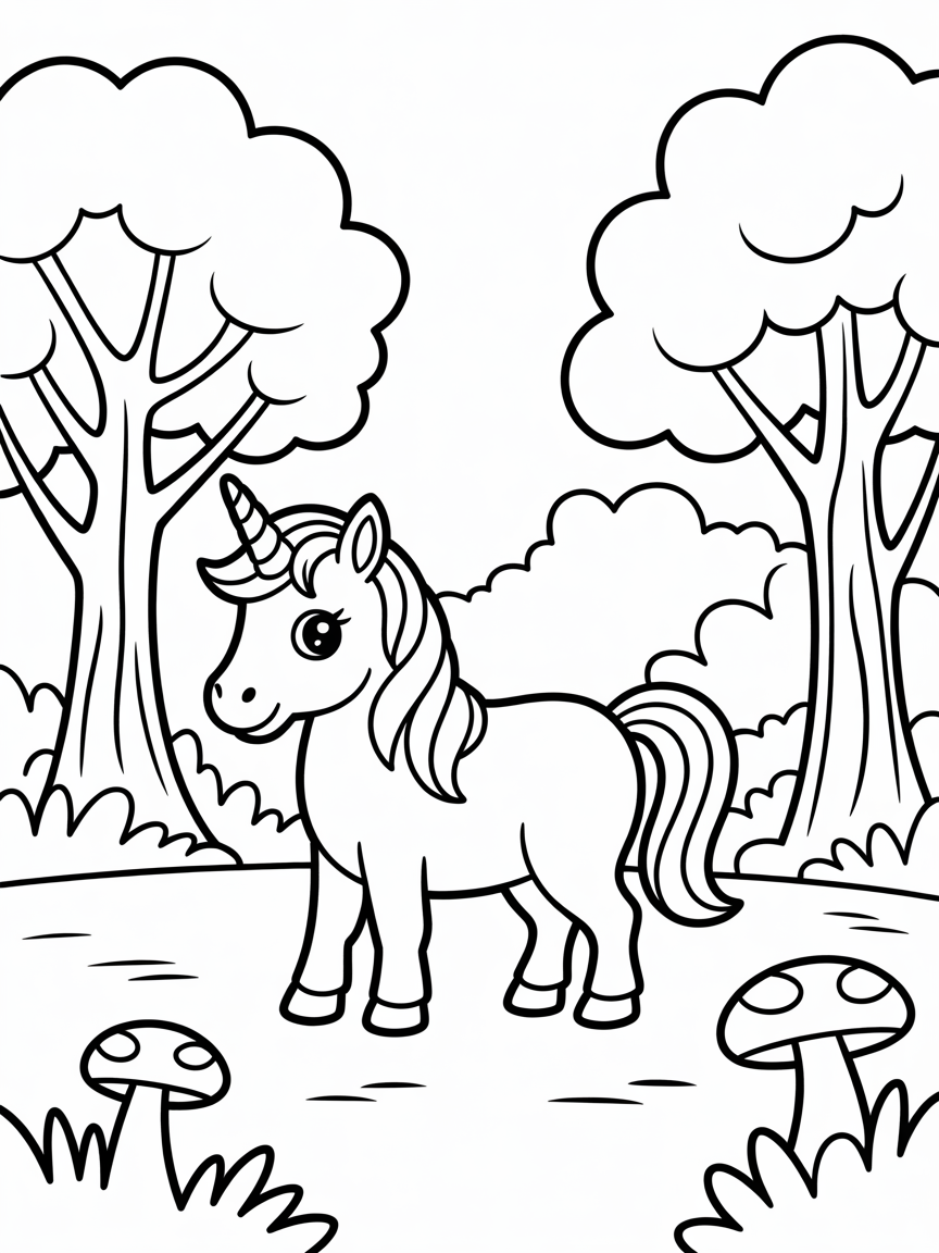Unicorn in forest - Free Coloring Page