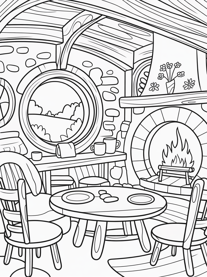 Cosy hobbit house interior - Free Coloring Page