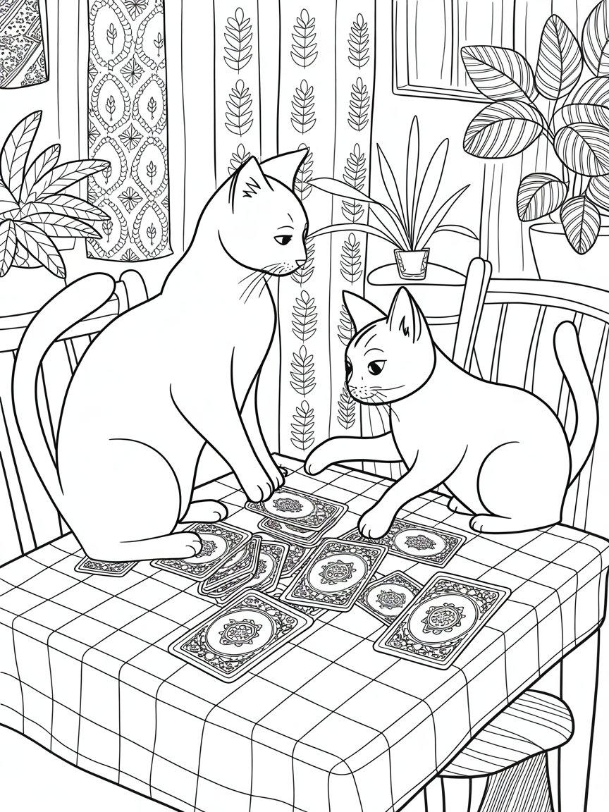 A black cat and a tabby cat playing a game of cards, very detailed - Free Coloring Page