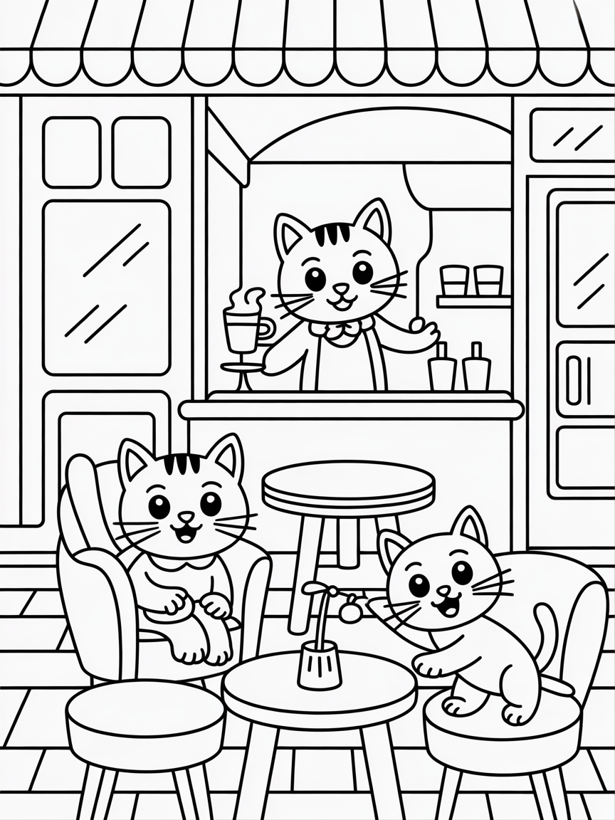 Cat cafe - Free Coloring Page