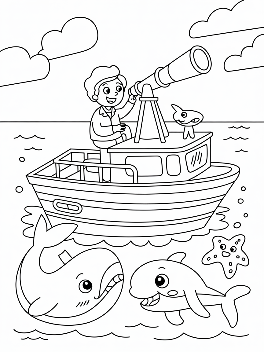 Science research on a ship at sea - Free Coloring Page