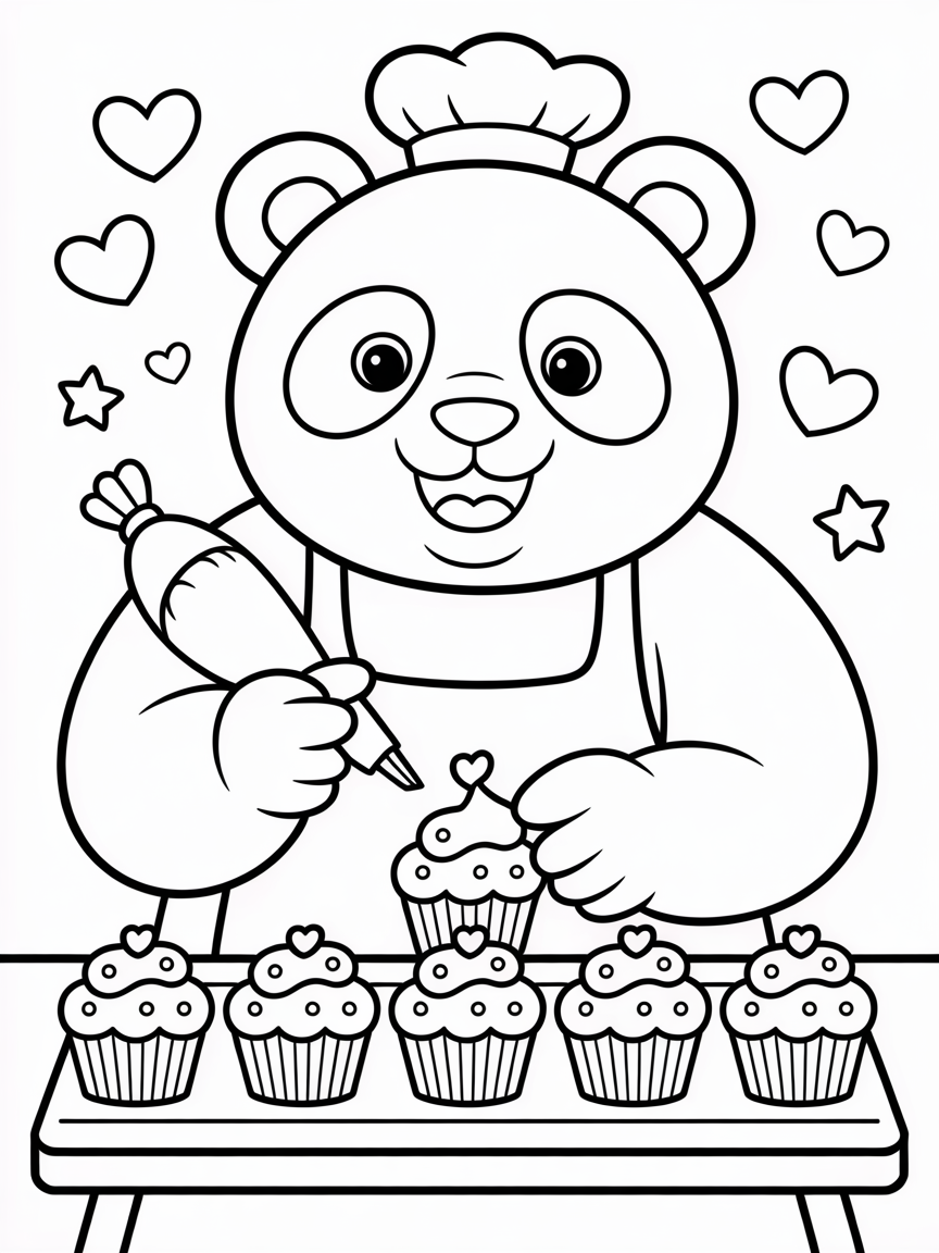 Giant panda baking rainbow cupcakes - Free Coloring Page