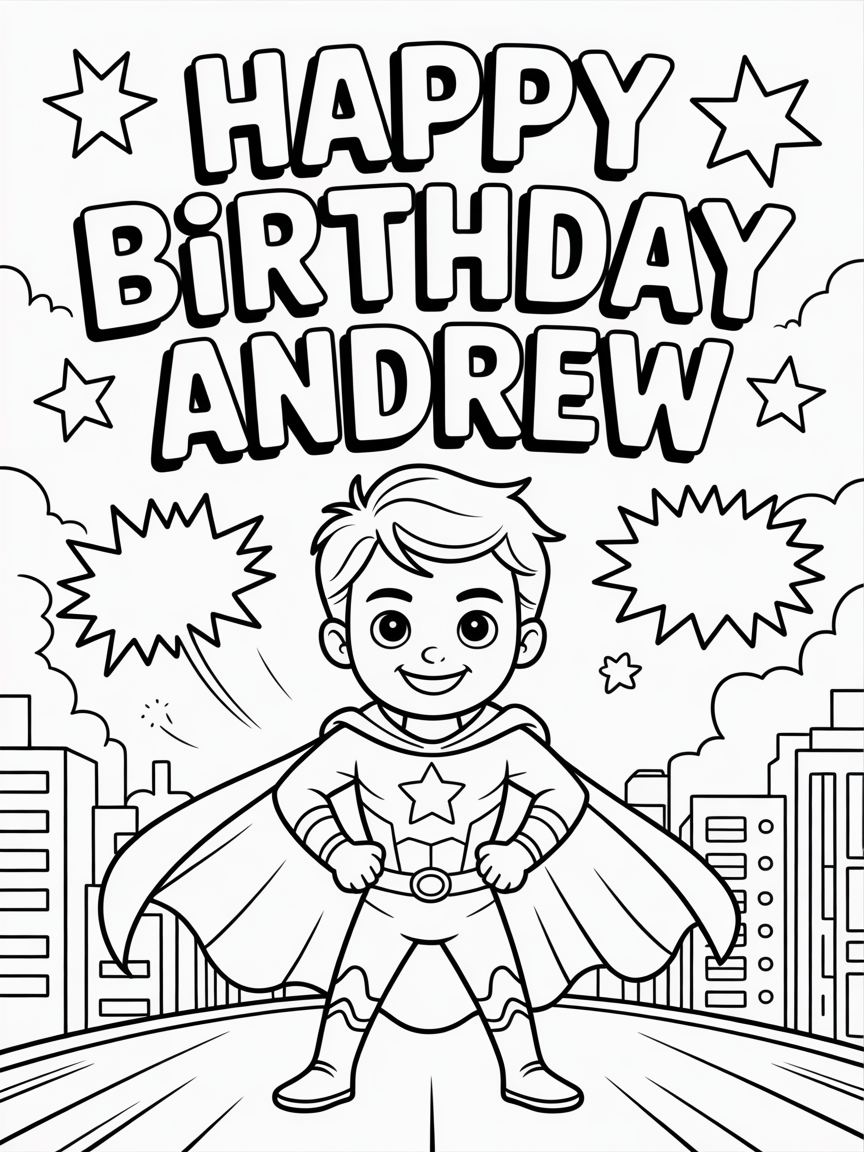 Happy Birthday Andrew in superhero theme - Free Coloring Page