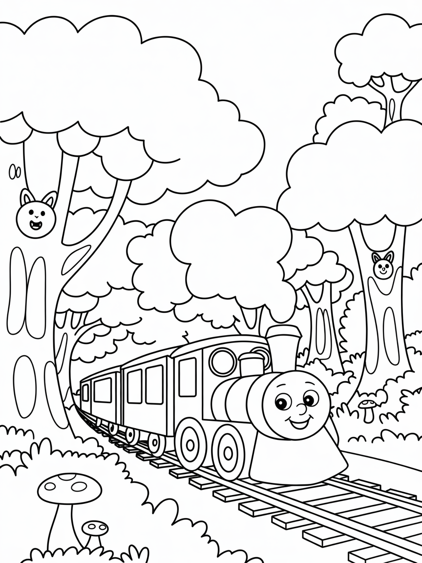 Train dans foret - Free Coloring Page