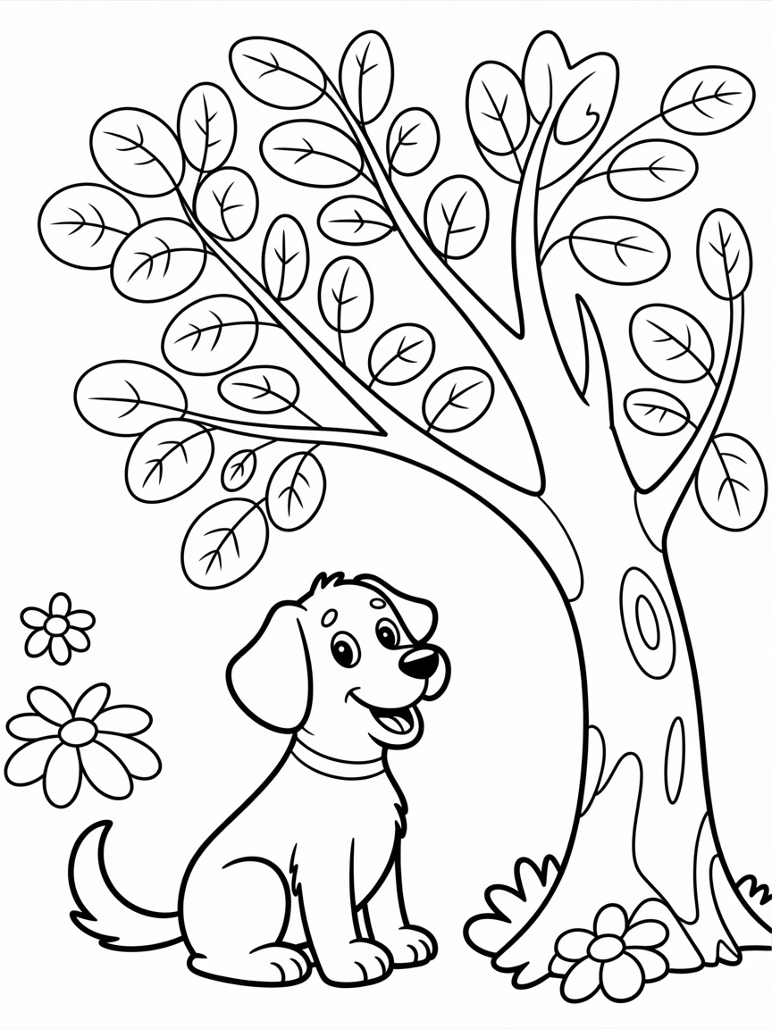 Plain simple colouring of a dog with a tree in the background - Free Coloring Page