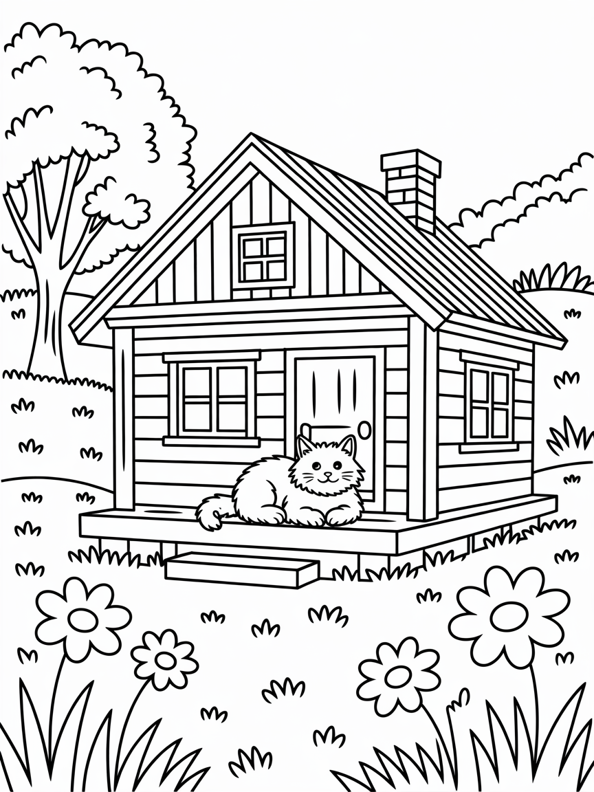 A wooden cabin house with a cat on the front step, a little tree in the background and flowers on the grass - Free Coloring Page