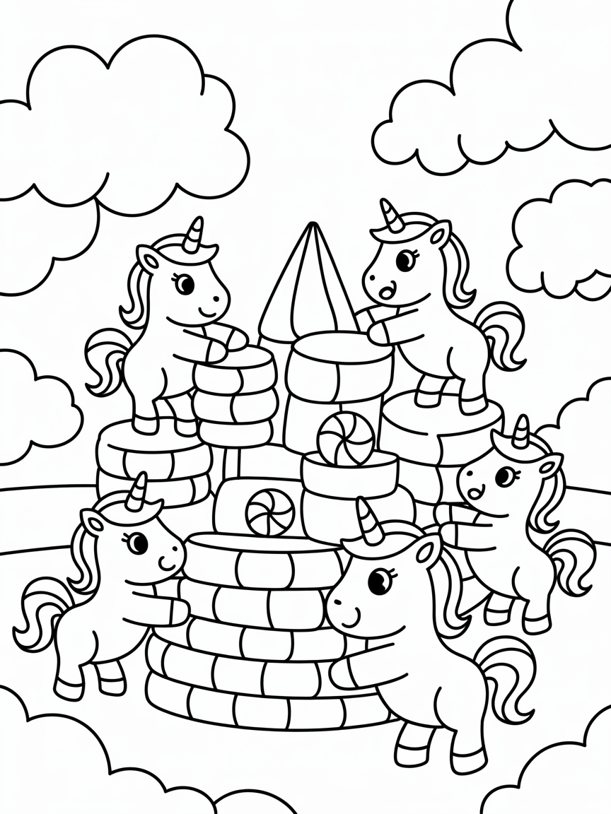 Unicorns building a candy castle - Free Coloring Page