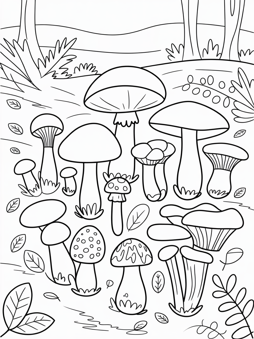 Wild mushrooms - Free Coloring Page