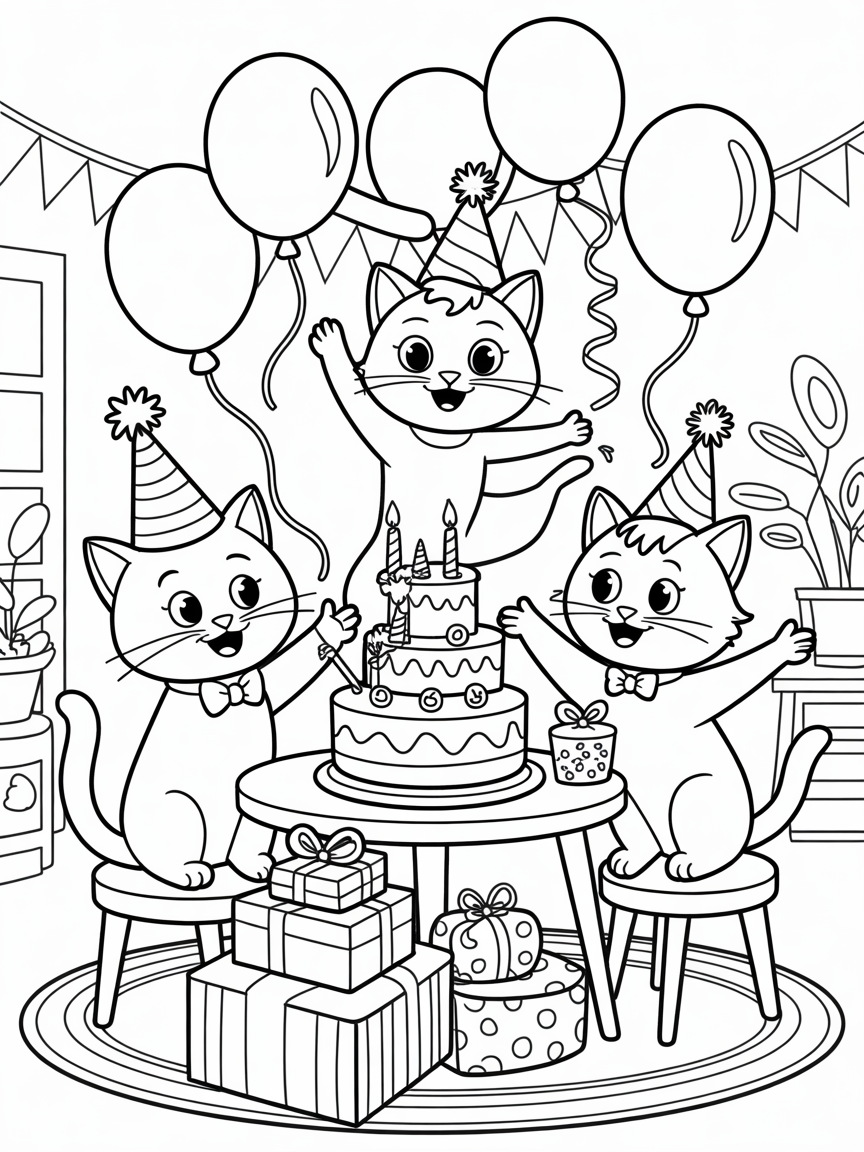 Sims 4 cat birthday party - Free Coloring Page