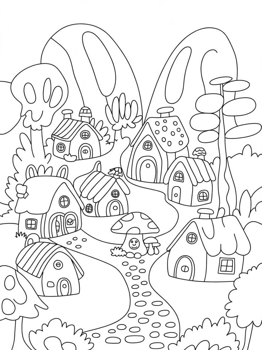 Fantasy mouse village in a forest - Free Coloring Page