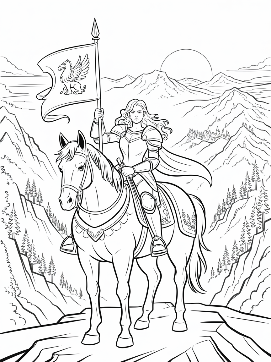 A female knight with long blonde hair sits astride a white horse, a flag is held in her hand and behind her the sun is rising over a mountain range - Free Coloring Page