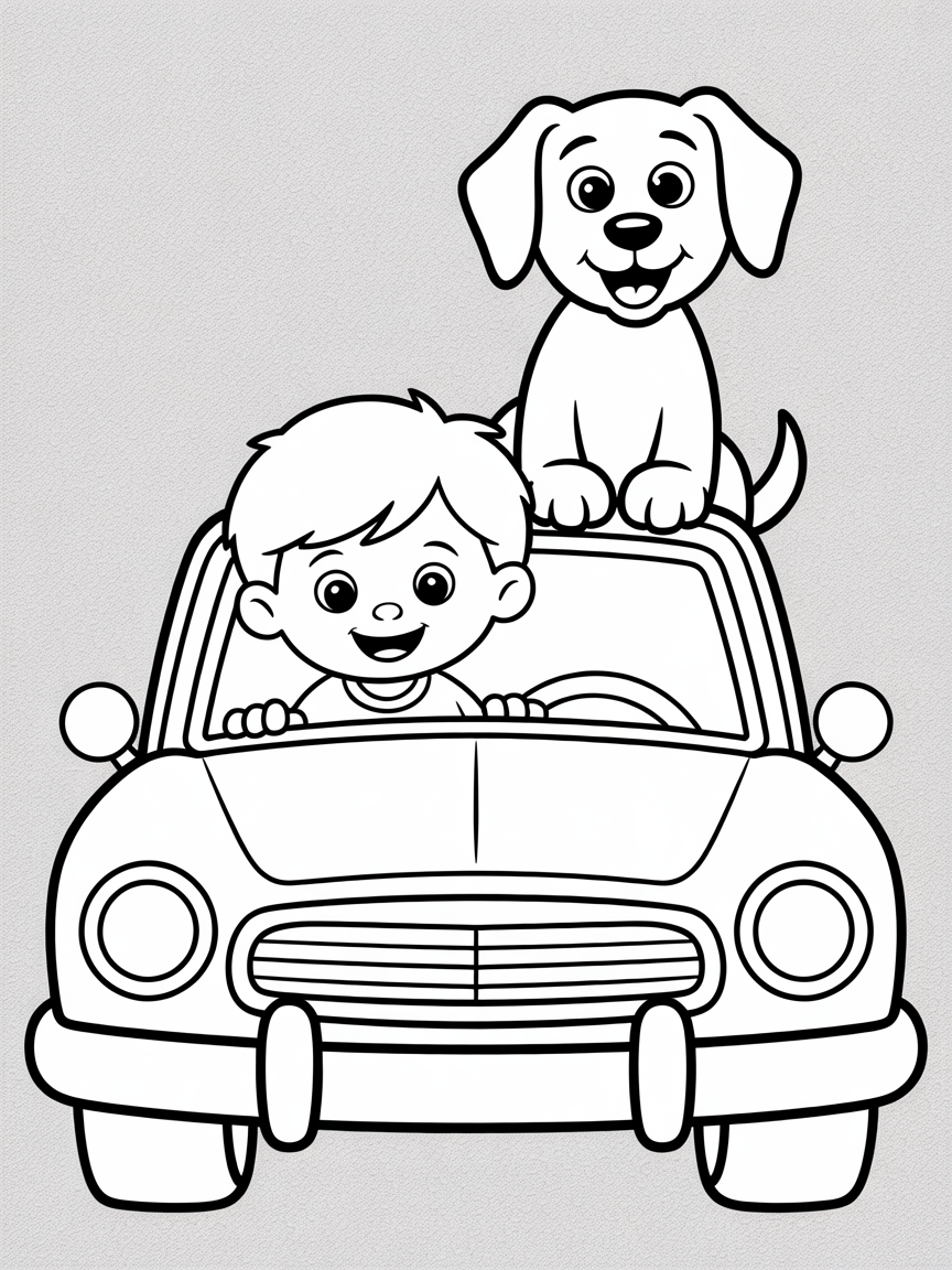 Your dog in the car - Free Coloring Page