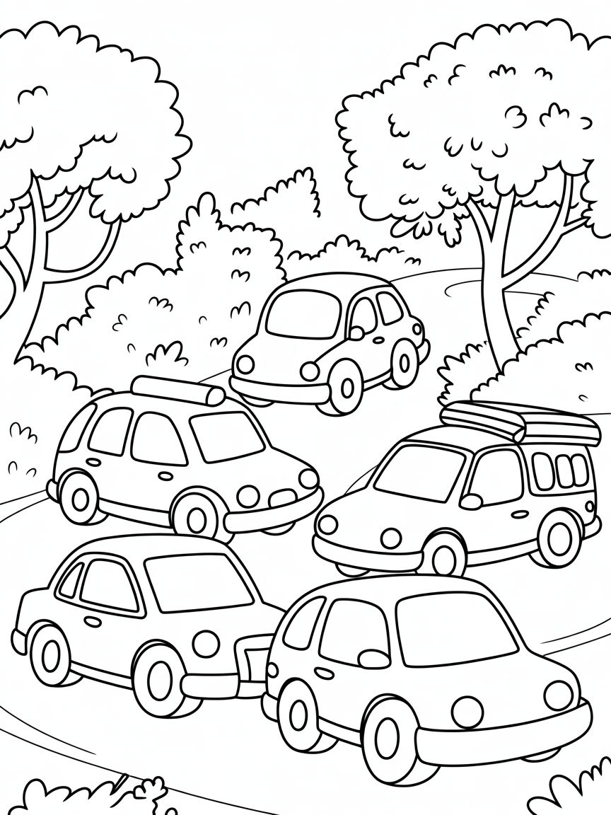 Cars in forest - Free Coloring Page