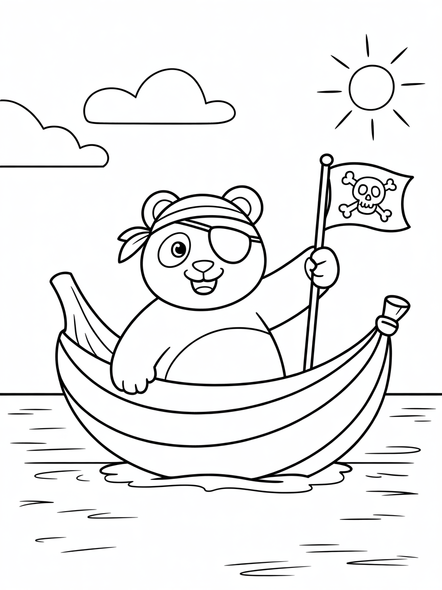 Panda pirate sailing a banana boat - Free Coloring Page