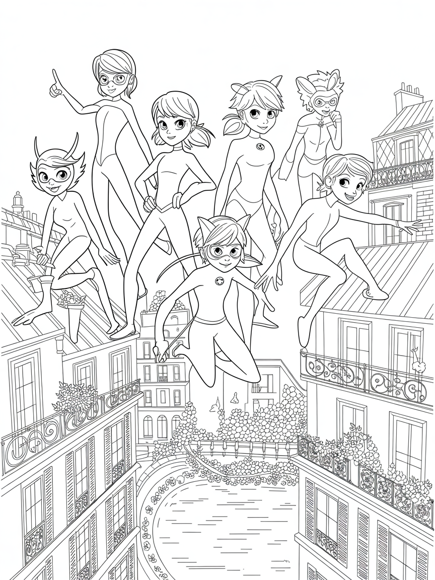 All the superhero’s from Miraculous tales of ladybug and chat noir - Free Coloring Page