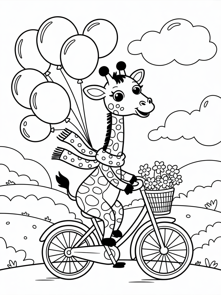 Giraffe riding a bicycle through balloons - Free Coloring Page
