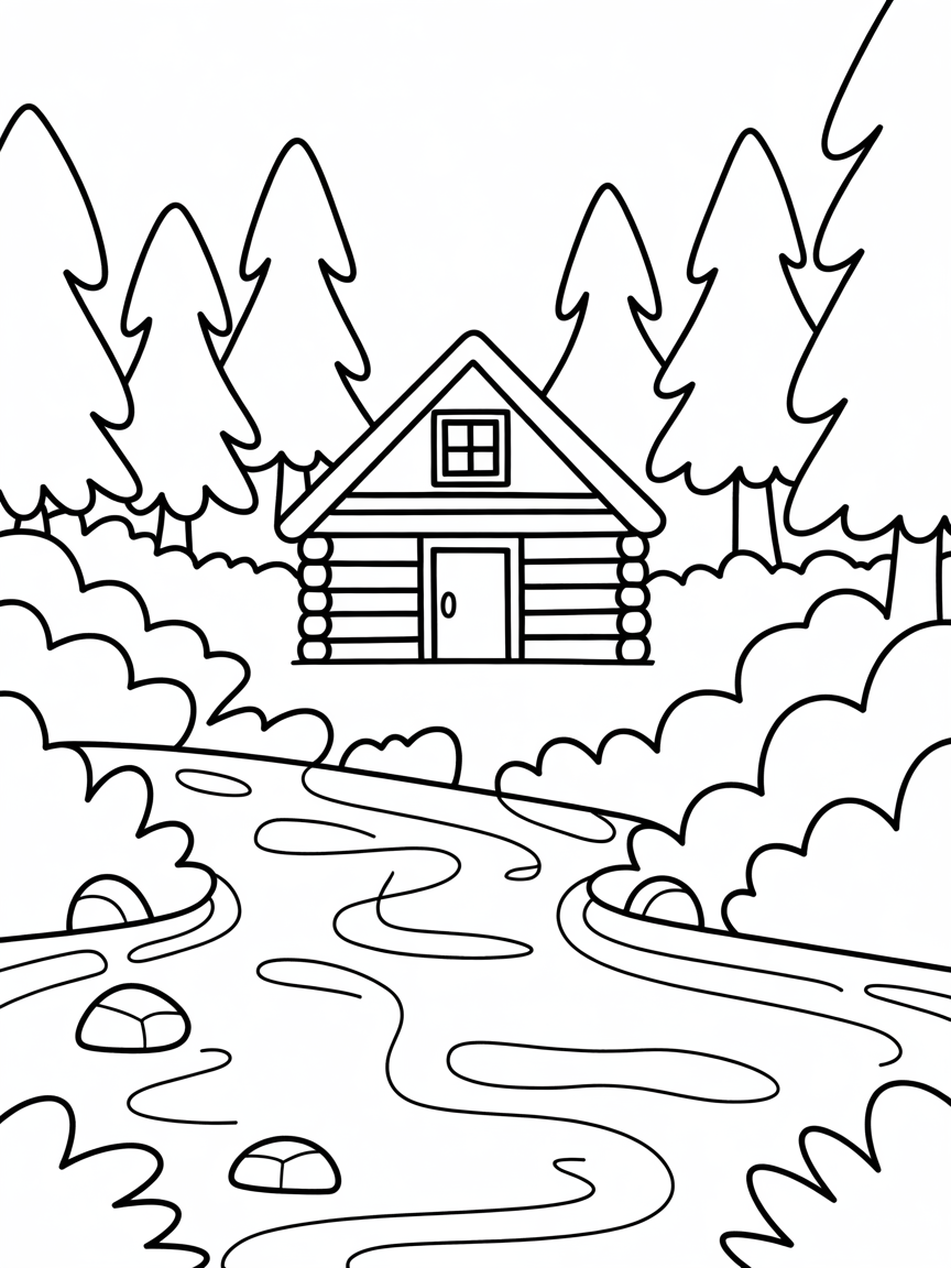 Quaint log cabin in the middle of the forest, next to a river. - Free Coloring Page