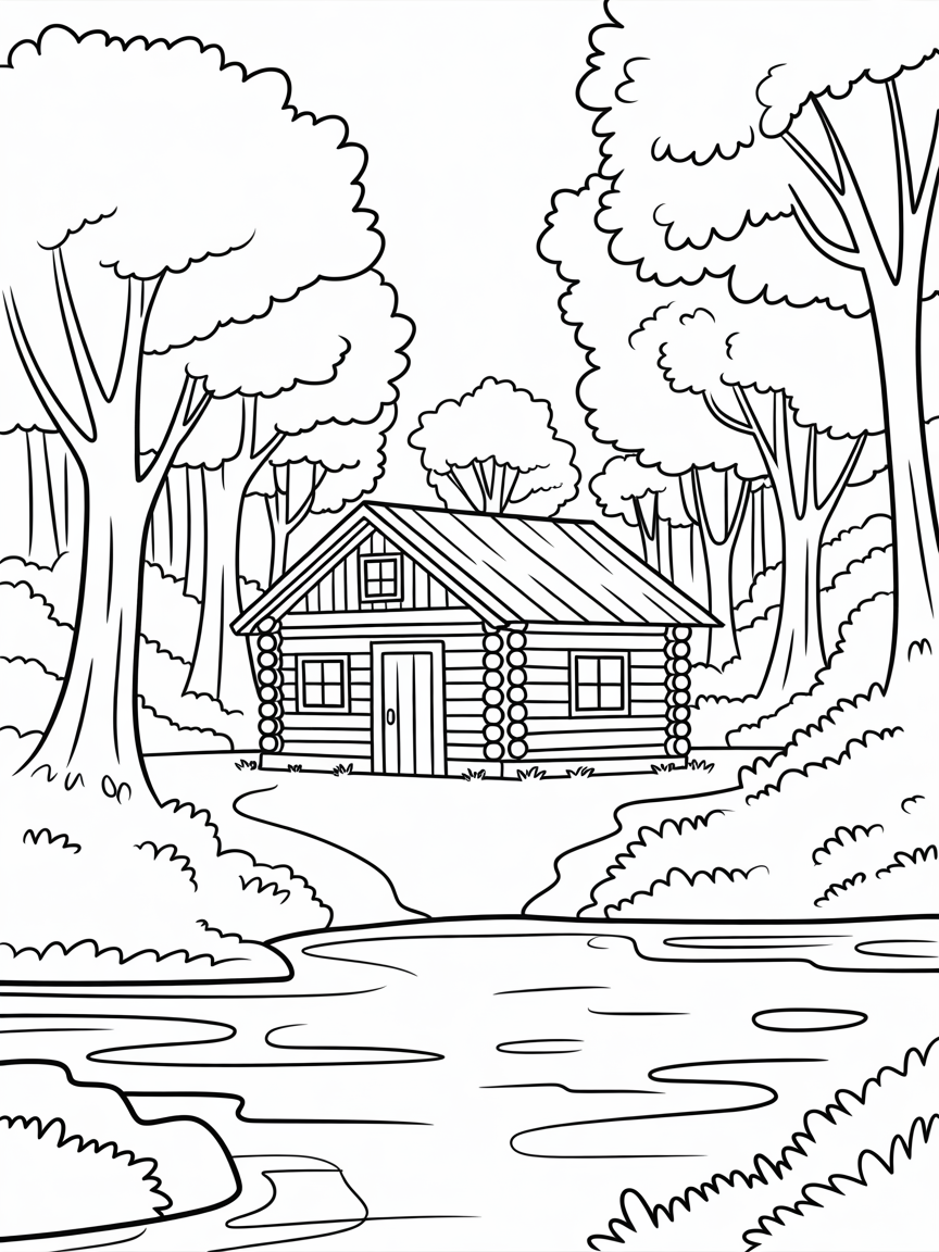 Realistic looking, Quaint log cabin in the middle of the forest, next to a river. - Free Coloring Page